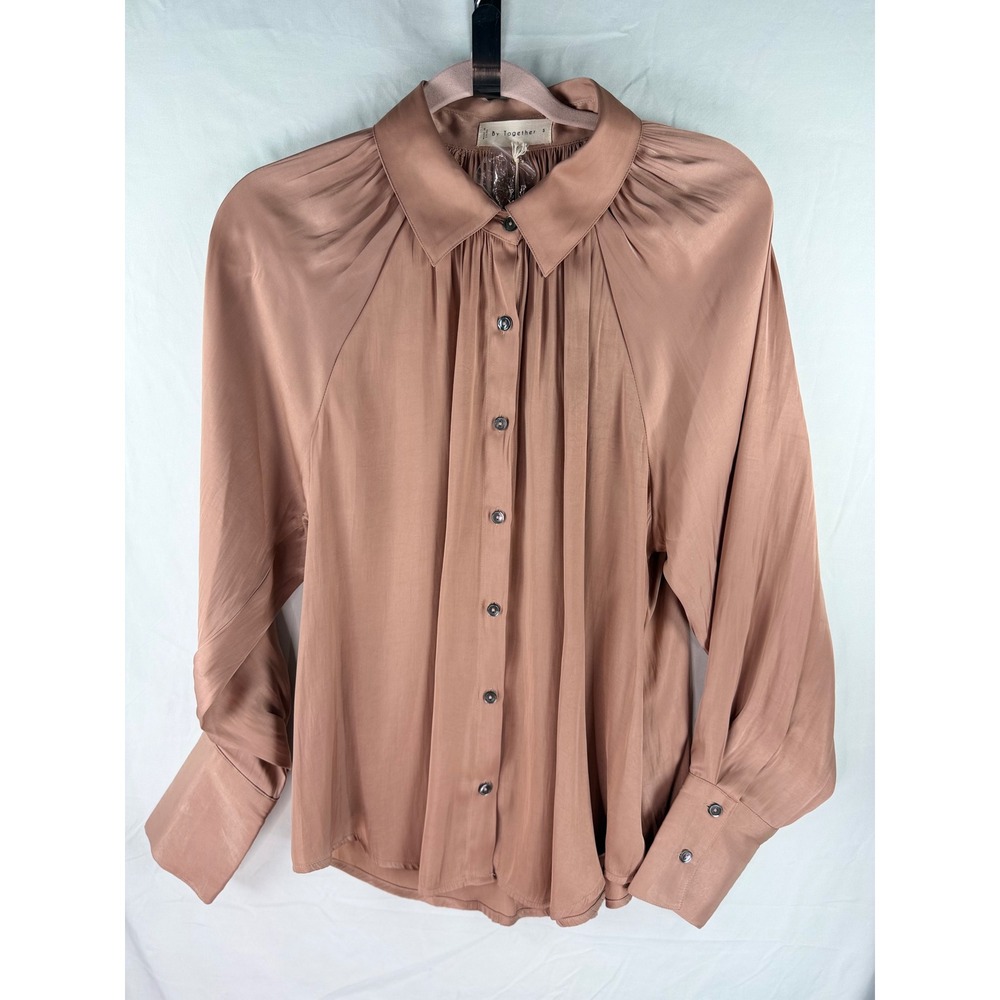 By Together Mauve Pink Pleated Satin Button Down Blouse Sz S NWT coquette girl